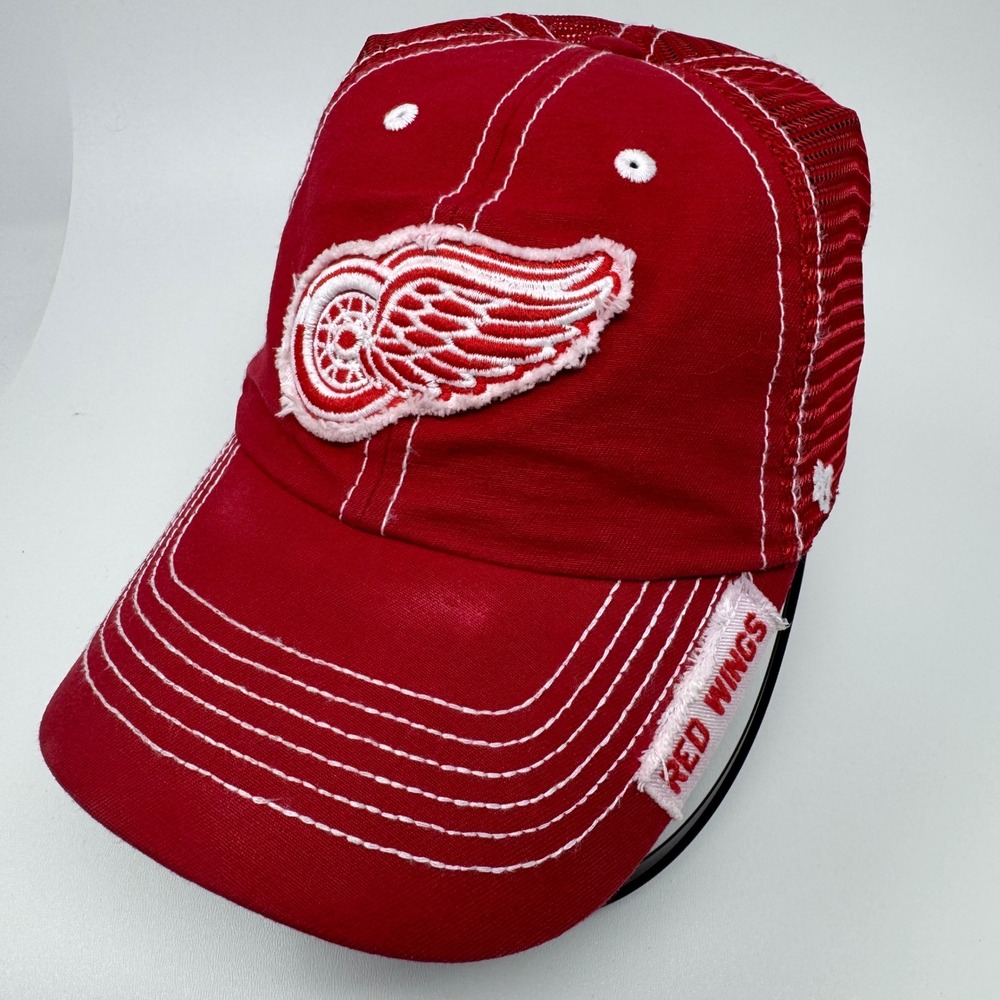 47 Brand Detroit Red Wings NHL Hat Mens Red Trucker Snapback Cap Distressed